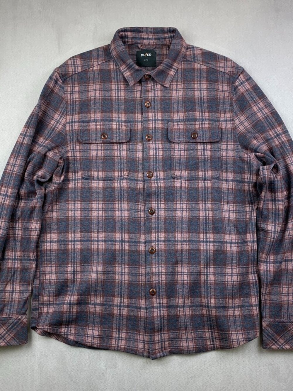 DU/ER Mens Shirt Medium Purple Plaid Flannel Button Up Long Sleeve Performance
